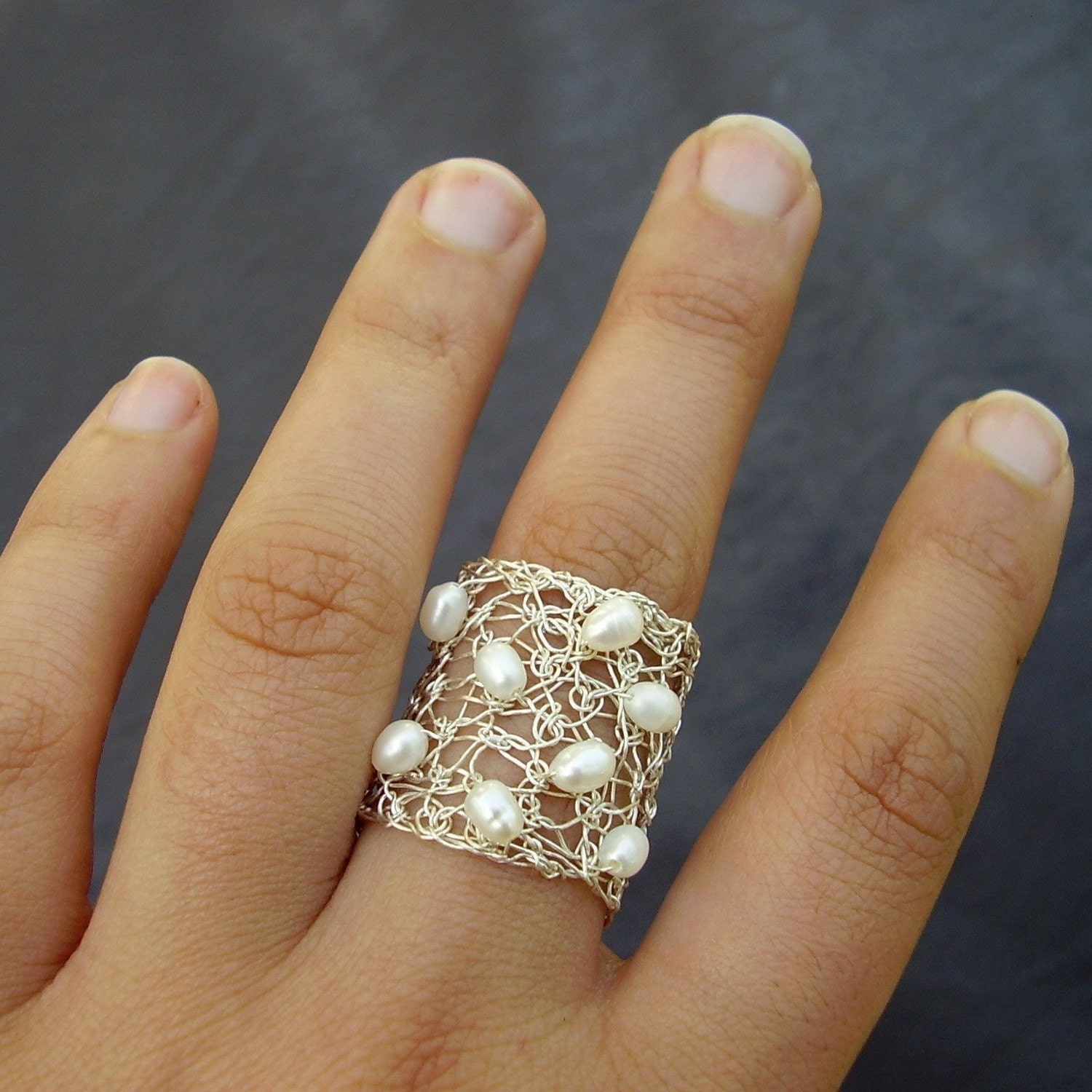 Spread Ring, Crochet Sterling Silver Wire and Pearls