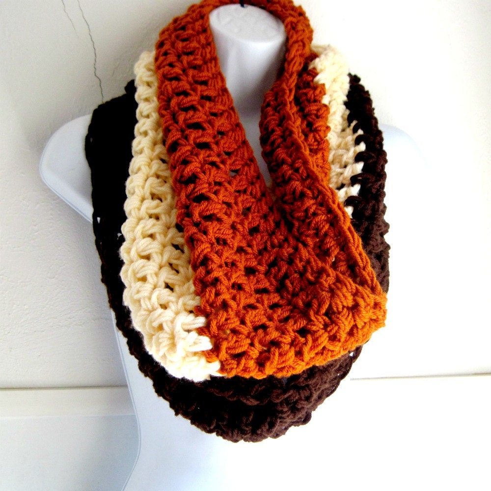 Infinity Circle Scarf Brown Cream and Orange Circle Scarf, Outerware, Winter Accessory "Buy one get one half off"
