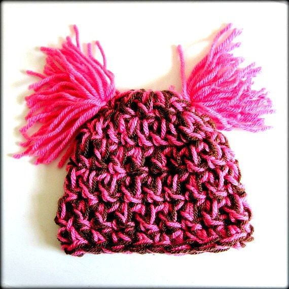 Baby Hat Pink Brown Infant  Beanie Pom Poms- Perfect Photography Prop