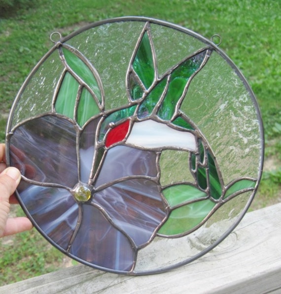 Stained Glass Panel, Hummingbird and Purple Flower