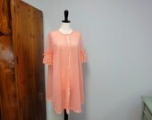 Coral Vintage Vanity Fair 1960's Double Chiffon Peignoir Robe, Sheer, Lace Sleeves, Small