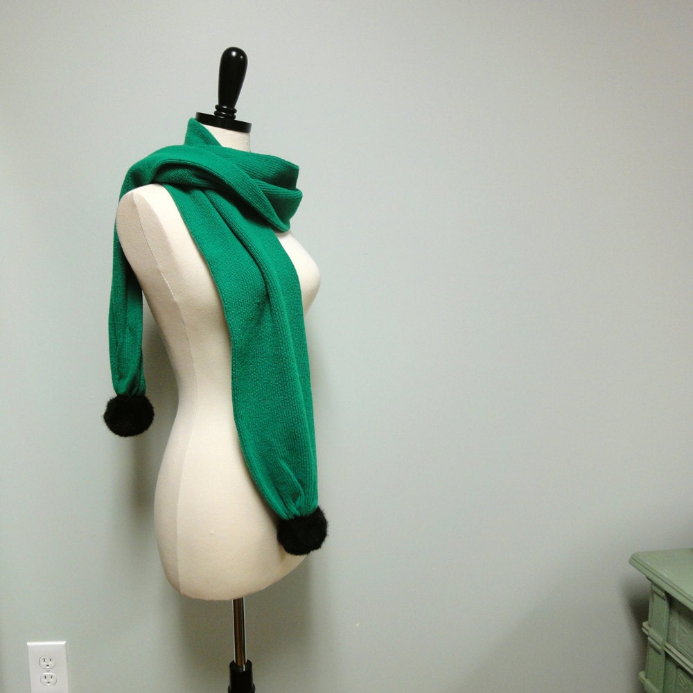 Knit Scarf, Pom Pom Winter Scarf - Faux Mink Fur Pom Poms, Kelly Green 1980s