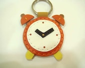 Leather Keychain - Cartoon Clock leather charm ( Orange )