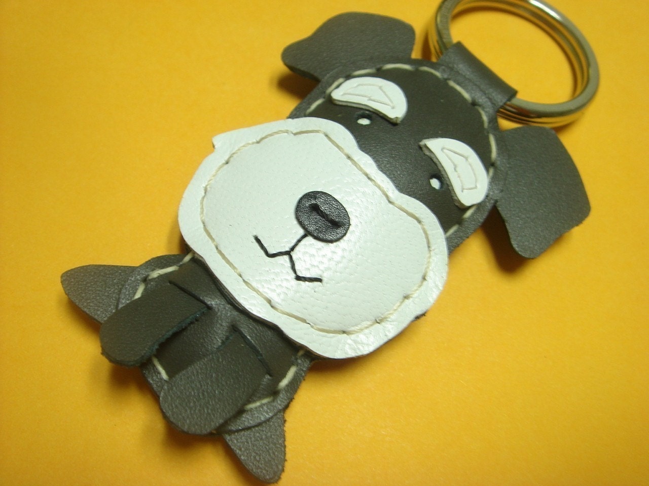 Leather Keychain - James the Schnauzer leather charm ( Dark Grey )