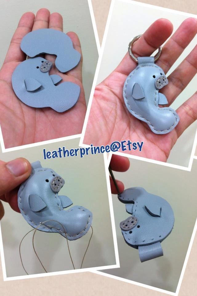 Leather Keychain - Layla the Manatee leather charm ( Grey )