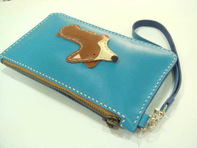 NaNa the Corgi leather Wristlet ( Turquoise )