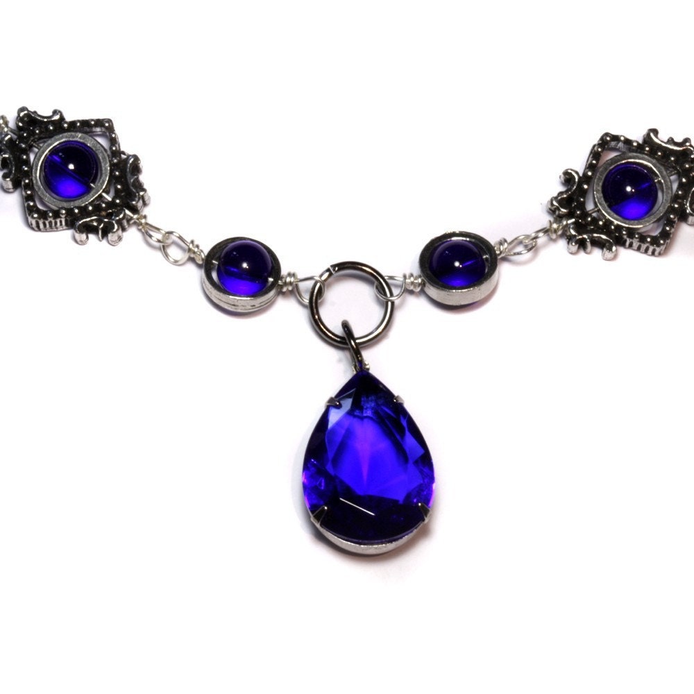 Steampunk Neo-Victorian Jewelry - Necklace - Silver Tone with Sapphire blue Pear Shape Faceted Supreme Quality Diamond Cut Glass Gem Stone
