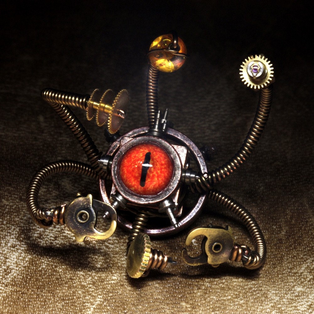 Steampunk Sculpture -  BEHOLDER ROBOT -  Reptile Taxidermy glass eye -  RELIC - This piece was displayed at the Museum of the History of Science Oxford UK and BoingBoing.com - READ THE STORY in the description