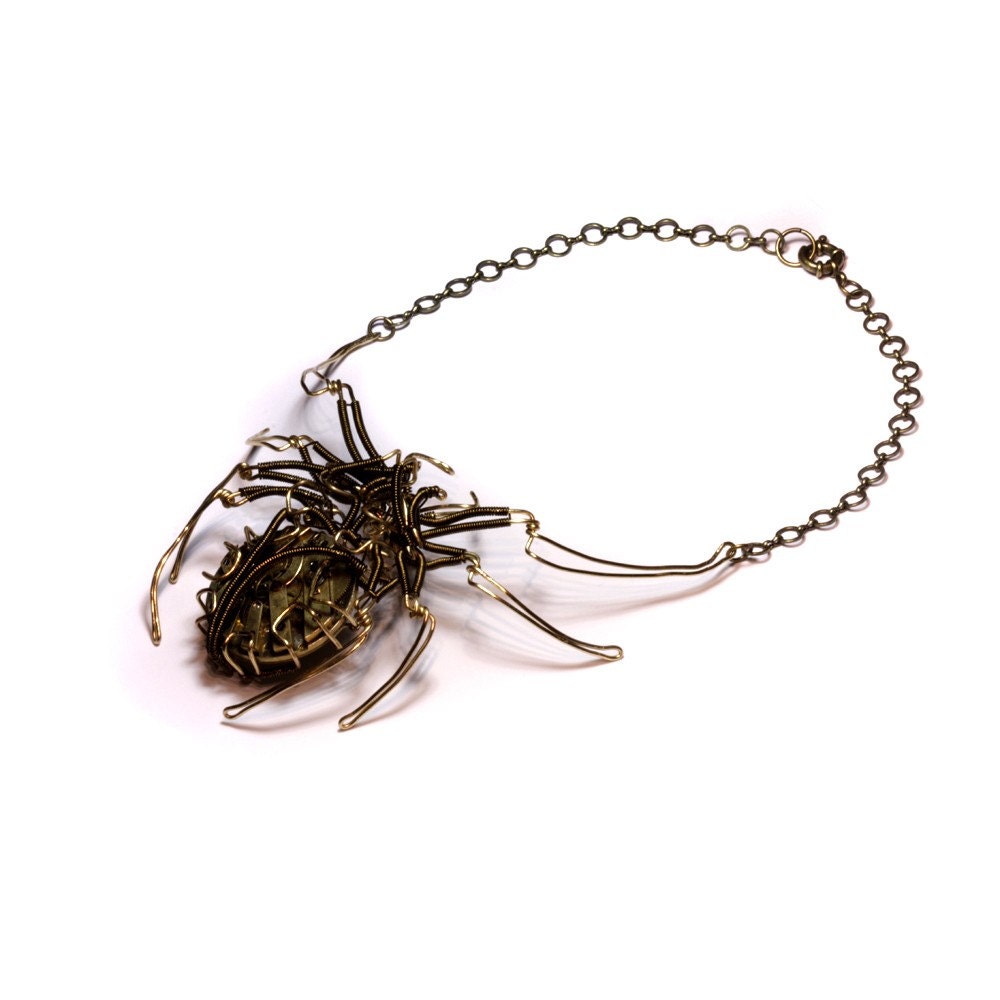 Steampunk - Necklace and Sculpture - SPIDER - Brass wire with vintage watch parts - OOAK