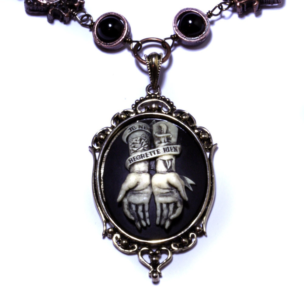 Steampunk Goth Jewelry - Necklace - Ivory on Black No Regrets / Je ne regrette rien Cameo