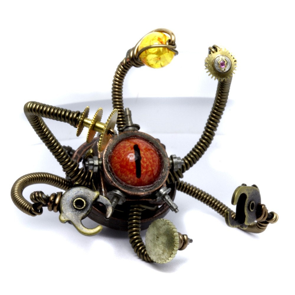 Steampunk Sculpture -  BEHOLDER ROBOT -  Reptile Taxidermy glass eye -  RELIC - This piece was displayed at the Museum of the History of Science Oxford UK and BoingBoing.com - READ THE STORY in the description