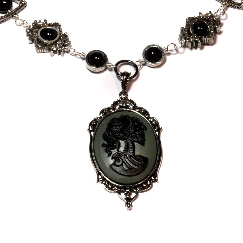 SteamGoth Jewelry - Necklace - Grey and Black Skeleton Lolita portrait Cameo - CatherinetteRings