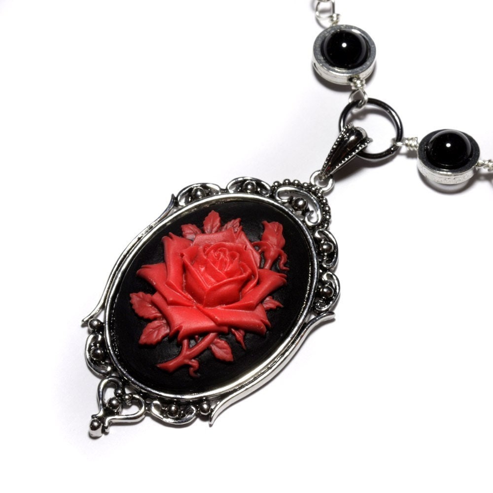 Steampunk Goth Jewelry - Necklace - Black and Red Rose Cameo - Black Onyx