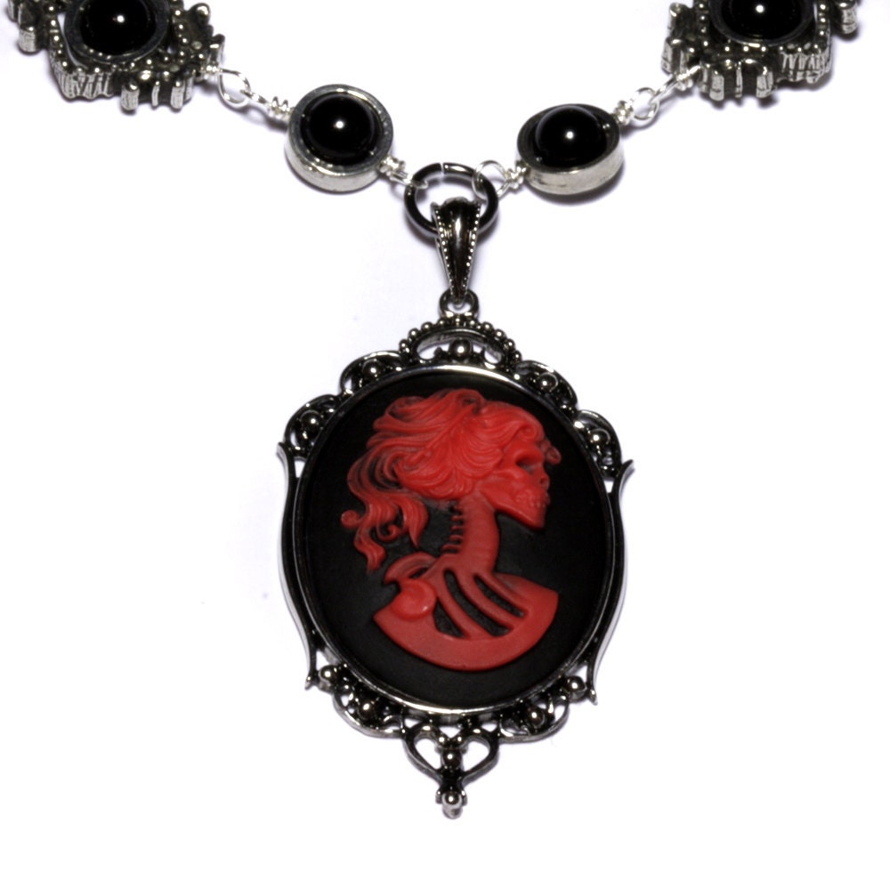 SteamGoth Jewelry - Necklace - Red and Black Skeleton Lady portrait Cameo
