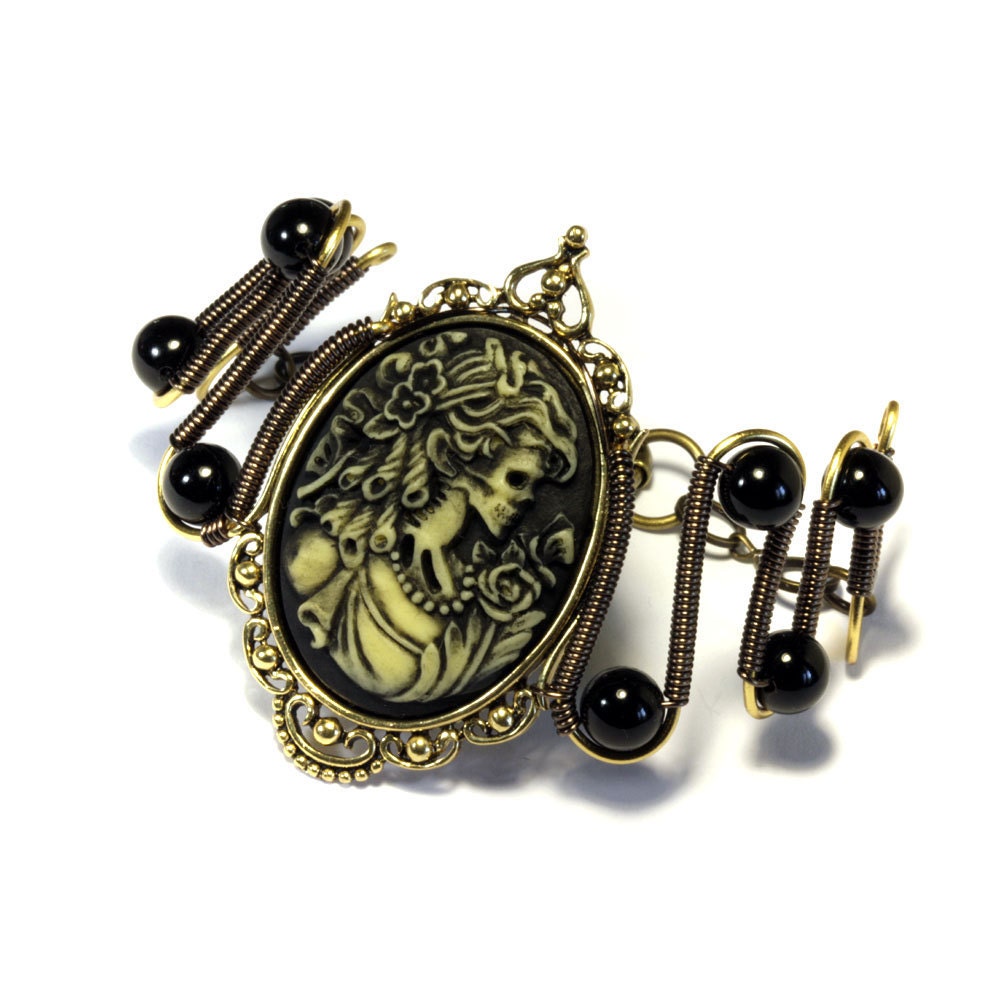 Steamgoth Bracelet - Ivory and Black  Victorian Zombie Lady Cameo
