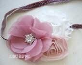 RoseWater - Shabby Chic Rosettes Headband - Pink White - Rose Glitter - Girls Newborns Baby Infant Adults