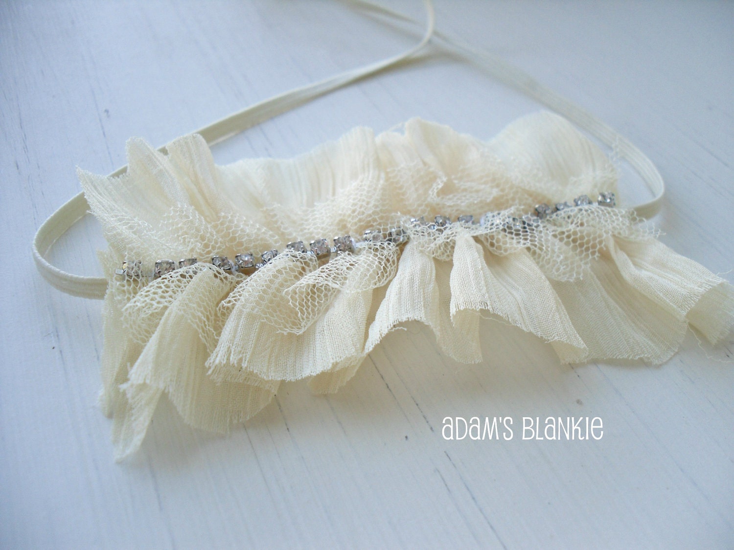 LAST ONE - La Creme - Vintage Cream Ivory - Tulle Lace Rhinestones - Skinny Ivory Band - Girls Newborns Baby Infant Adults