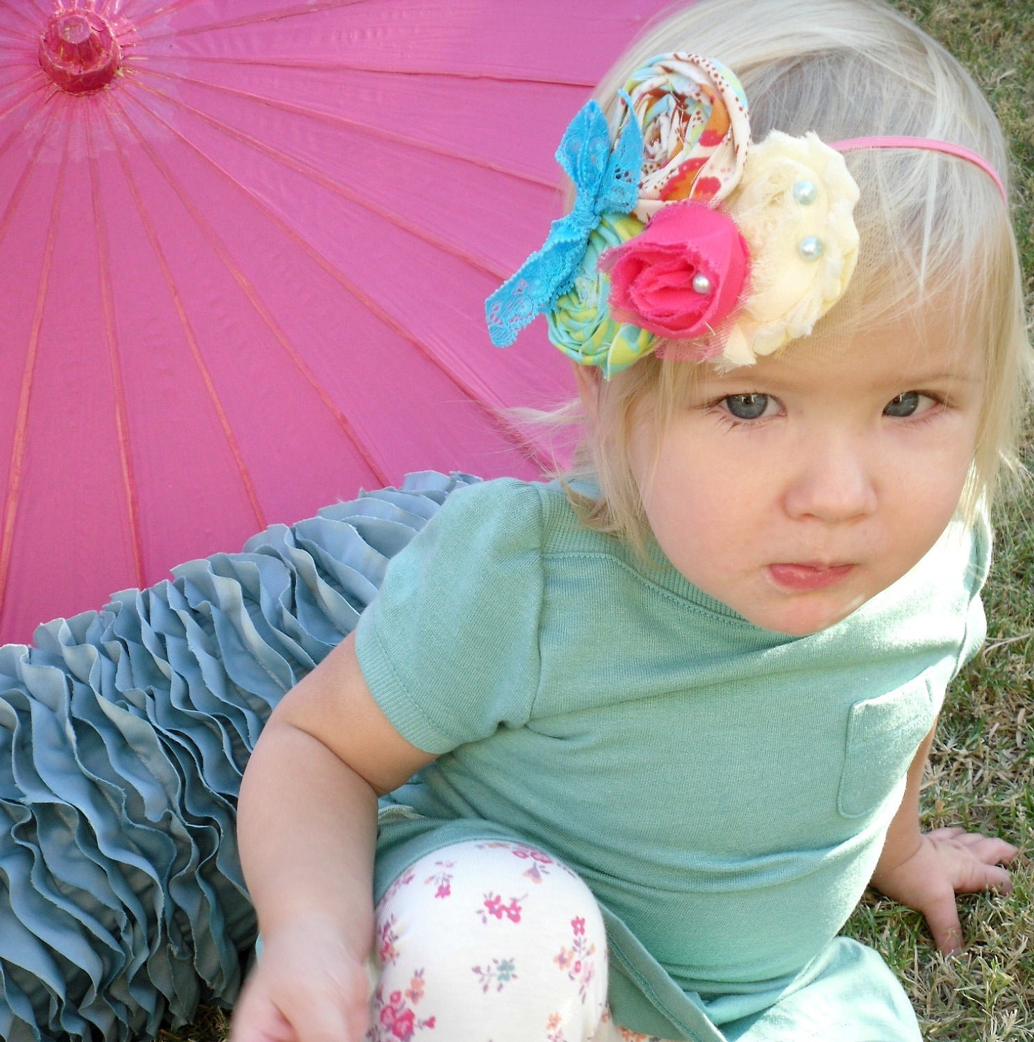 Girls Just Wanna Have Fun - Pink Turquoise Cream Shabby Rosettes Tulle Pearls - Baby Infant Newborn Girls Adults