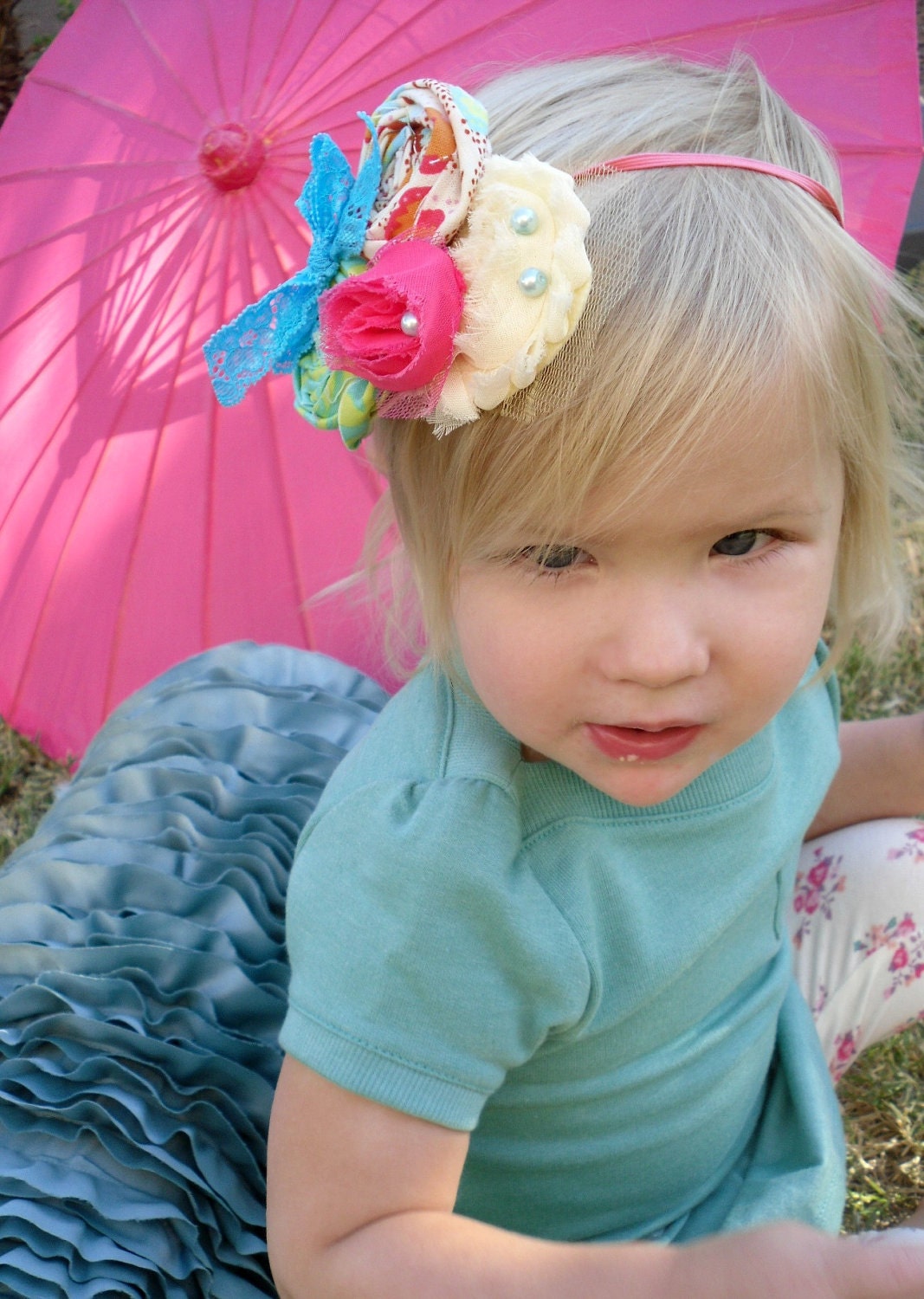 Girls Just Wanna Have Fun - Pink Turquoise Cream Shabby Rosettes Tulle Pearls - Baby Infant Newborn Girls Adults