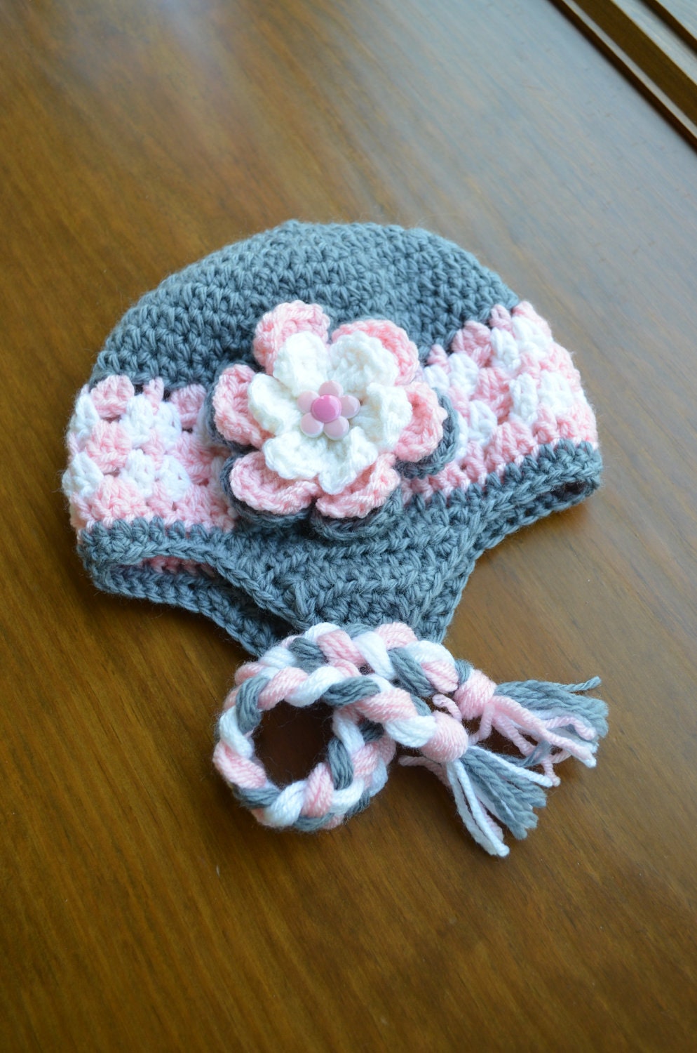 Girl's Grey Pink White Earflap Hat - All Sizes - Customize your colors - Size 1-3 years