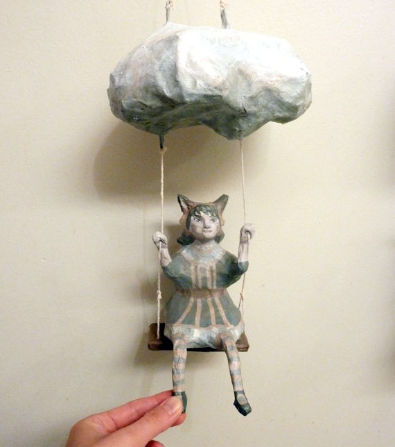 Pretty Fox Dreamer Girl, Paper Mache, Art Doll Swinging from a Cloud for Mom, Decor & Play