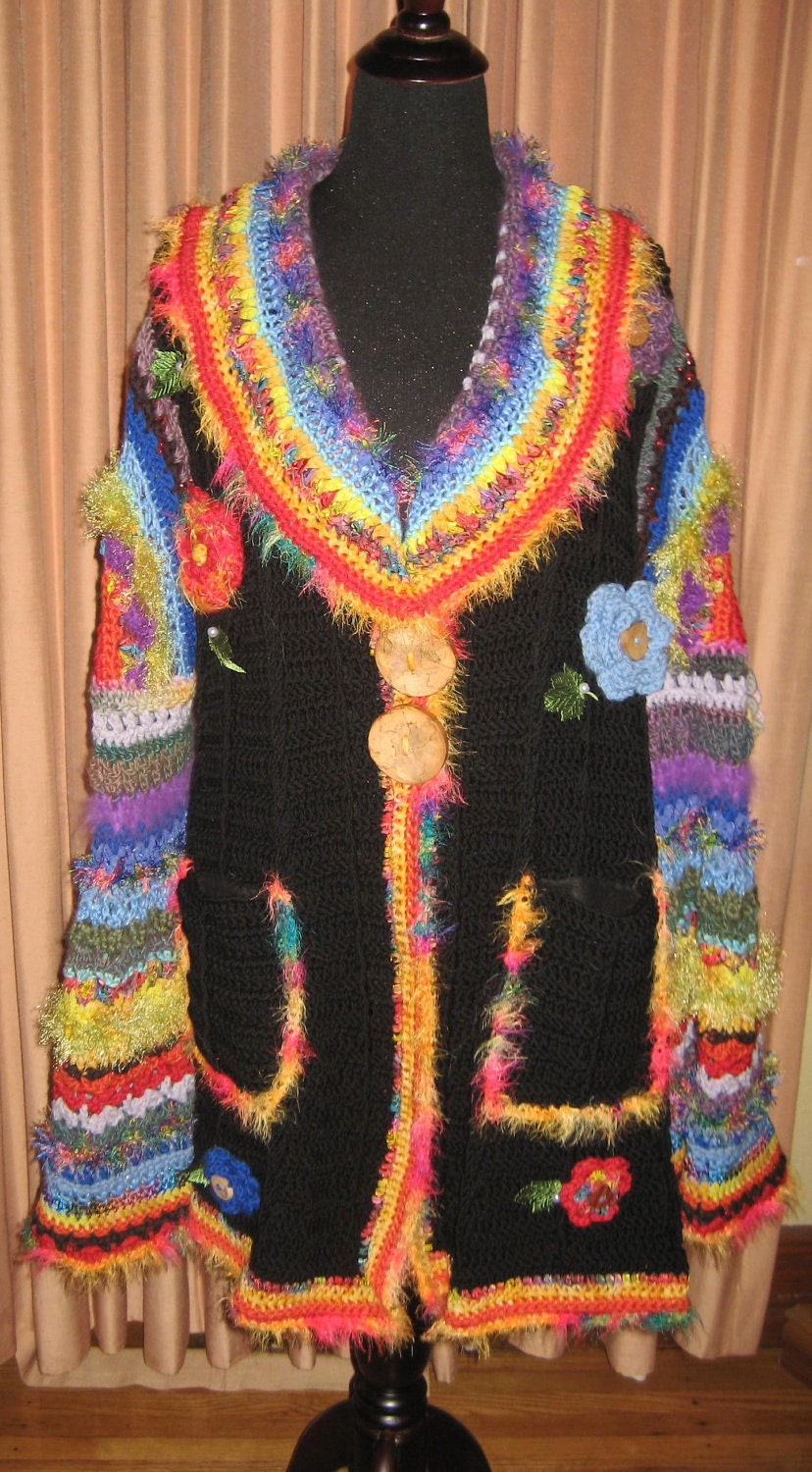 Custom Cozy Technicolor Sweater Dream Coat, Head/Earwarmer and Fingerless Gloves