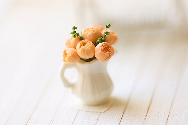 Dollhouse Miniature Flowers - Peach Pink Peonies in White Porcelain Jug