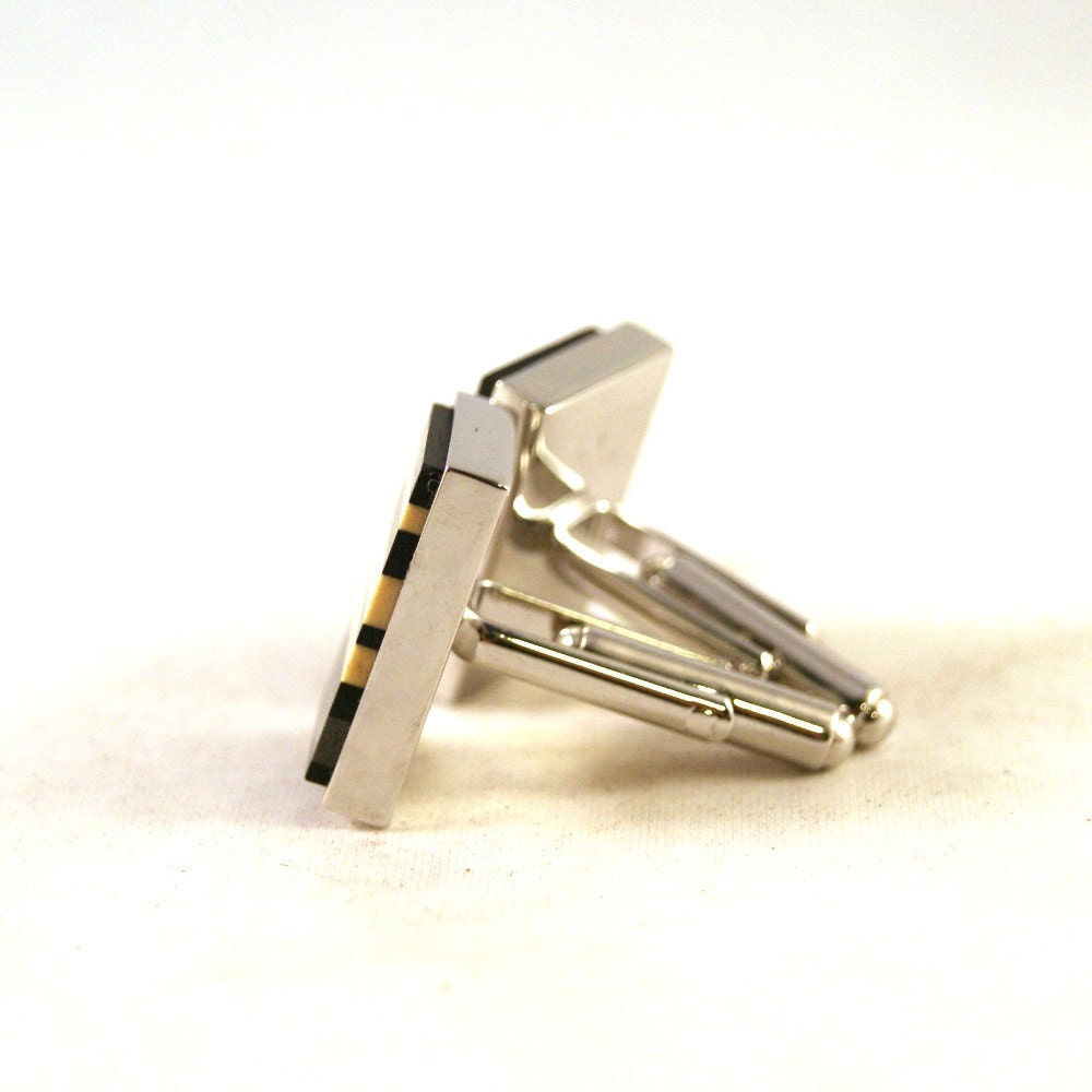 Mens Cuff Links - African Ebony with American Holly Irregular Stripe and M3 Stainless Steel Accent (CL-410)