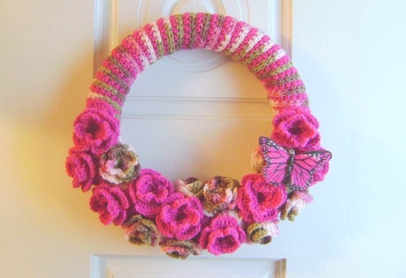 Handmade Crochet 14 Inch Rose Wreath with Butterfly