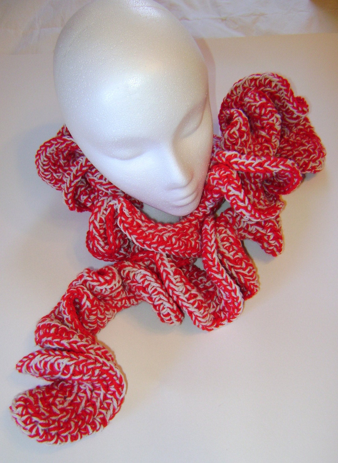 Handmade Red and White Curly Crocheted Scarf