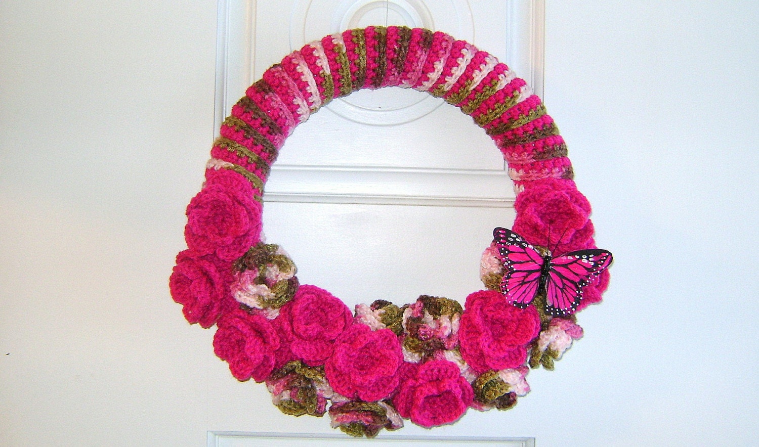 Handmade Crochet 14 Inch Rose Wreath with Butterfly