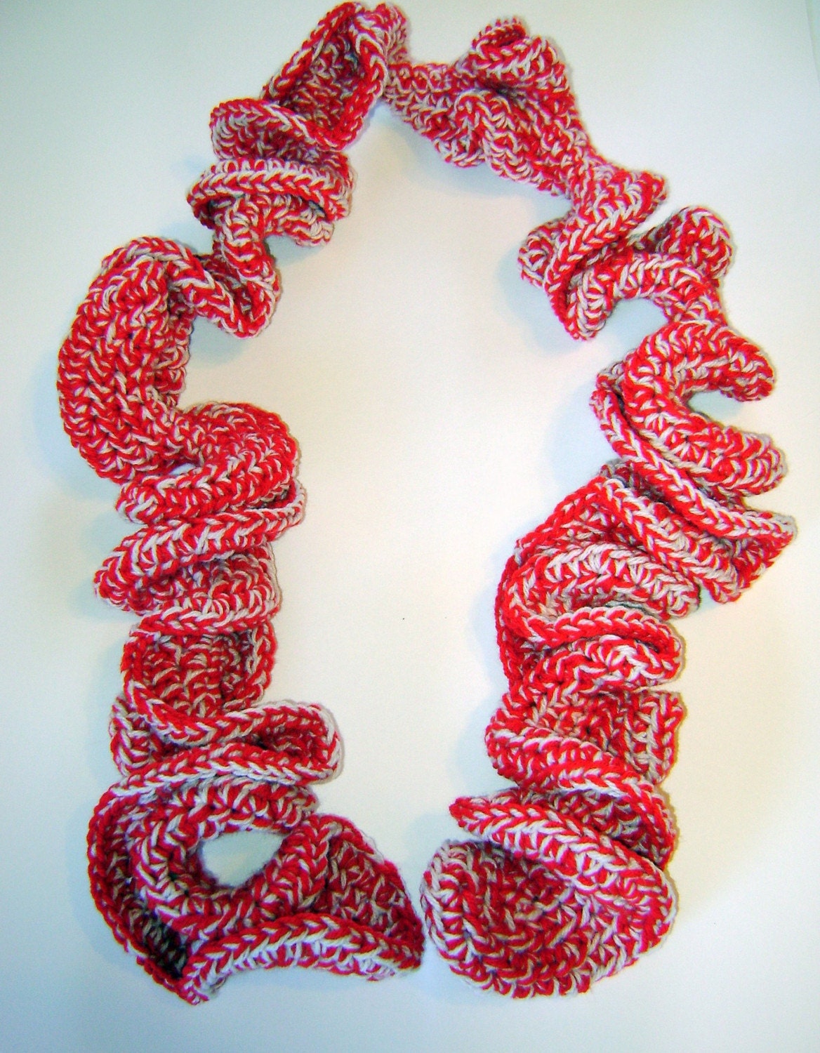 Handmade Red and White Curly Crocheted Scarf