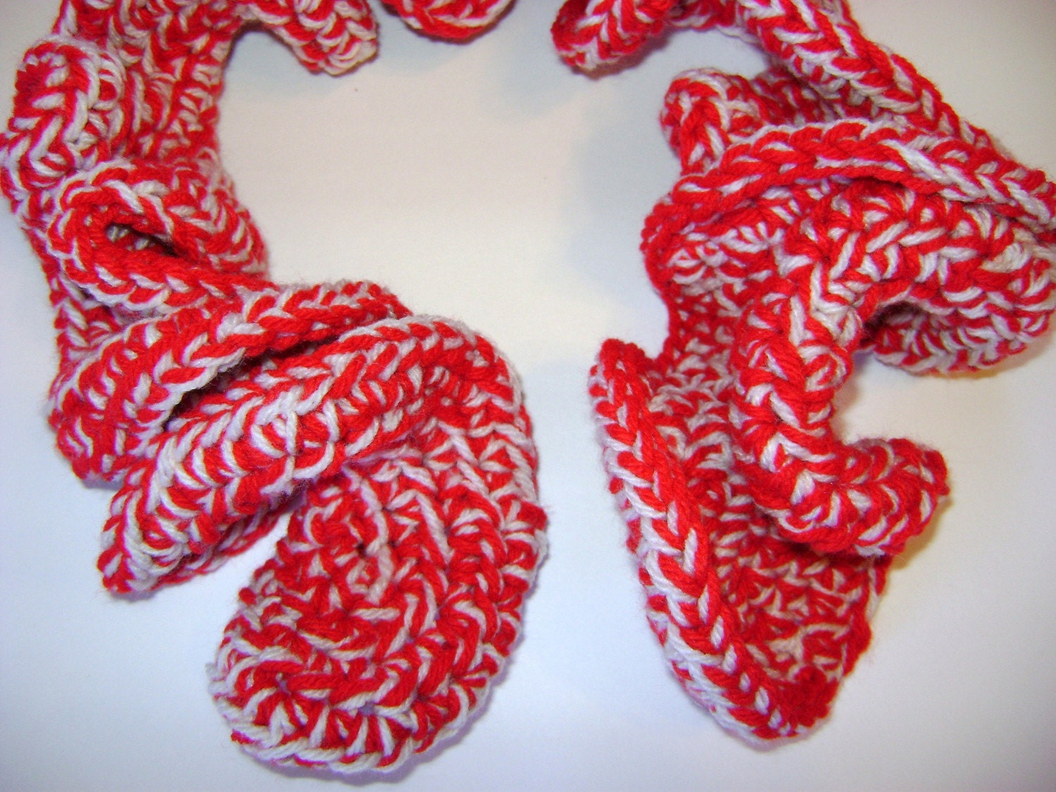 Handmade Red and White Curly Crocheted Scarf