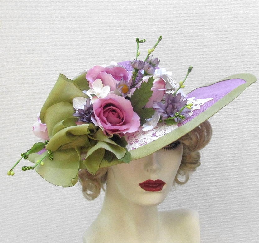 Womens Hat Handmade Wide Brim Sraw Summer Hats with Lace and Flowers in Lilac