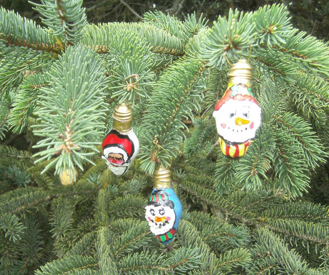 Christmas Light Bulb Ornaments Set of 3 Mini Bulbs Santa and Snowman