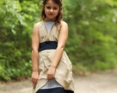 Girls Dress Boutique Clothing Nautical Linen tan Navy Wrap Dress- Caroline