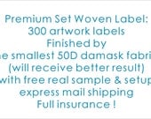 Premium Set 300 Custom Artwork woven labels by 50D Damask The highest density woven label free 5-7 days express mail shipping service