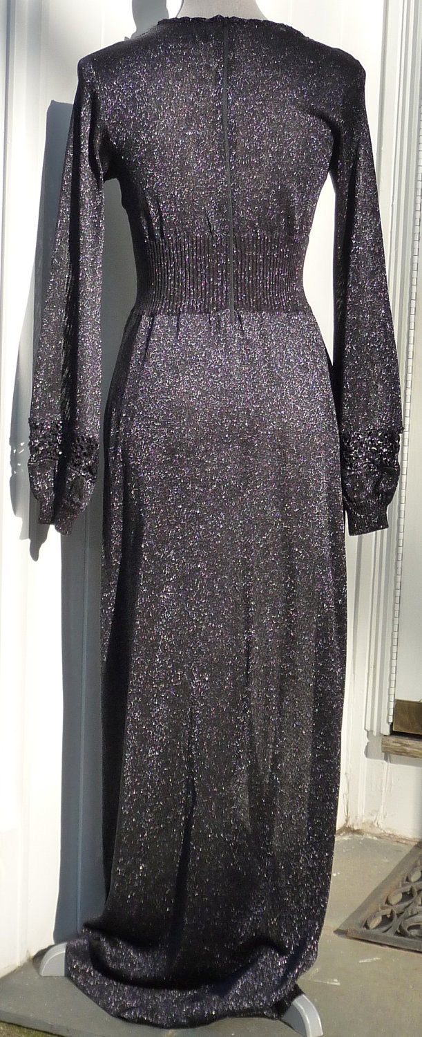 SeXy Black METALLIC KNIT Maxi Dress LUREX Silver Gown Sparkly Formal Evening Floor Length Vintage 1970s 8 10 Wenjilli 70s