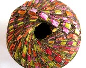 Metallic ladder ribbon yarn,  Fantasy,  pink peach tan orange sparkle trellis yarn, gold metallic, Berlini East Track II, 71