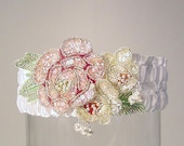 wedding garter set   Victorian roses  pastel pink green yellow
