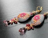 Long Dangly Garnet and Tundra sapphire earrings - goldfill and brass - Spring Sprays