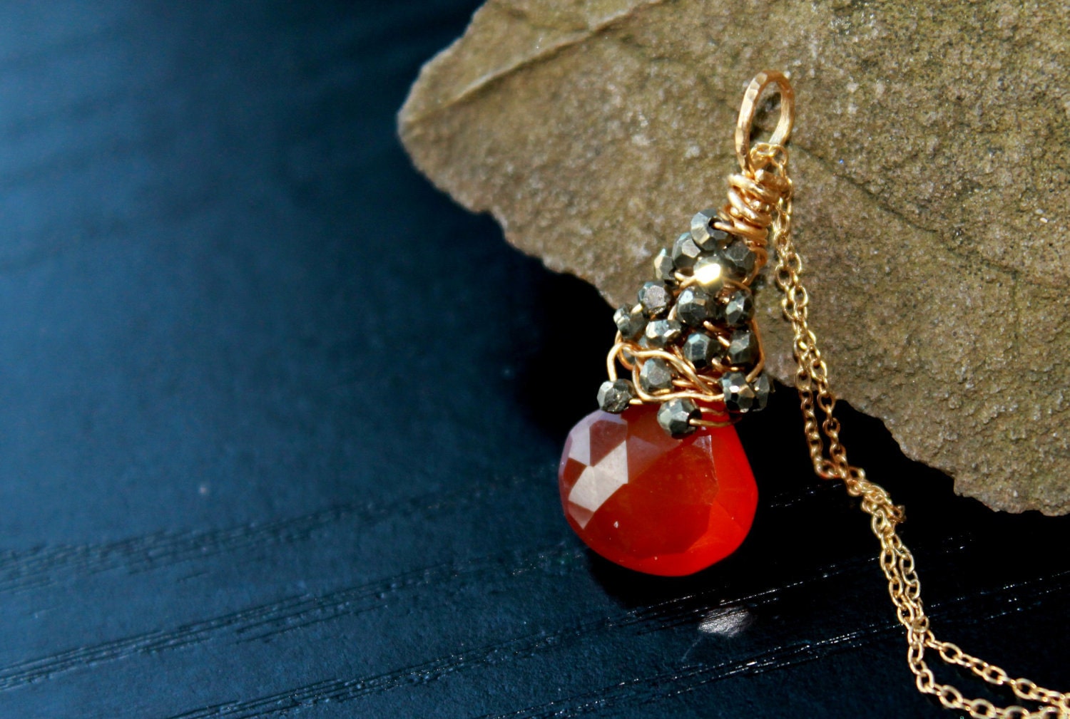Lovely Deep Rust Orange Chalcedony and Pyrite in Gold fill Necklace - Red Papaya