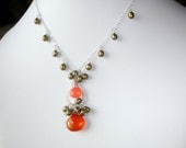Burnt Orange and Peach Pink Chalcedony necklace - Autumn necklace - With Olive Pearls Sterling Silver - Deep Impact