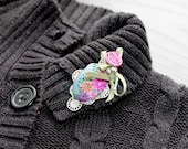 Mothers day gift - Multicolor floral silver brooch/pendant with swarowski rhinestone accents and satin lace - She wore Daisies
