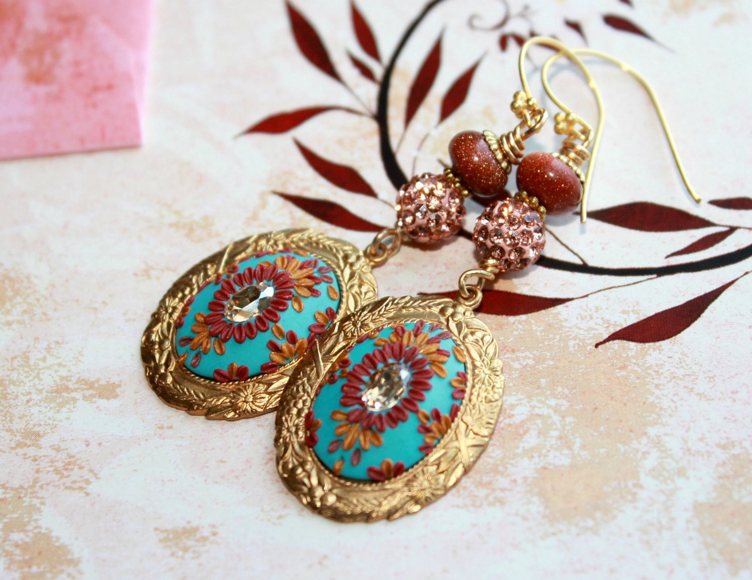 Jewel tones, crystal pave bead, sand stone, turquoise ,red, gold earrings in vintage gold floral frame - Going Hollywood