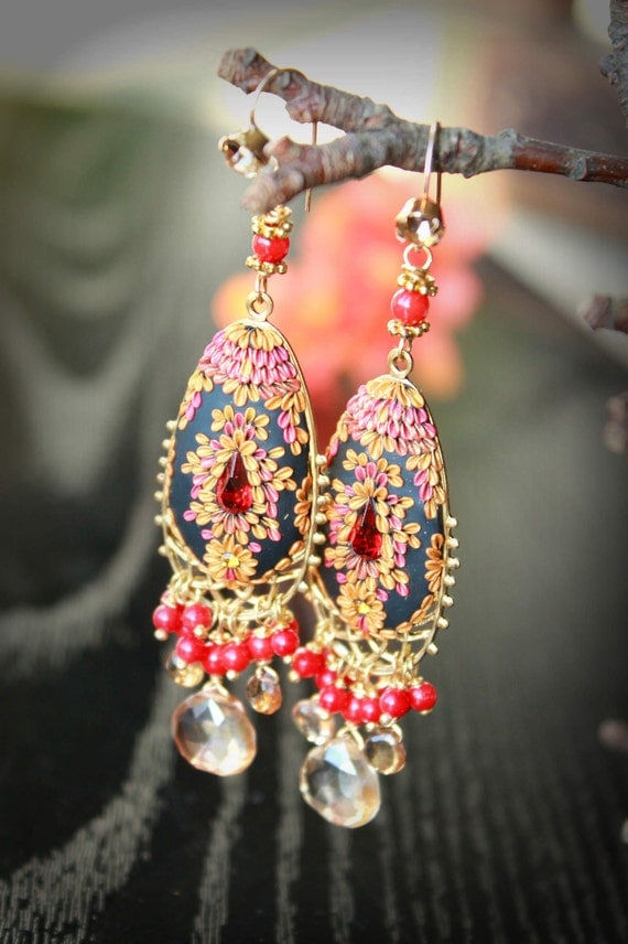 Tundra Sapphire, Coral and champagne quartz earrings on lovely brass finding - vintage swarowski Clay floral earring - El baile flamenco