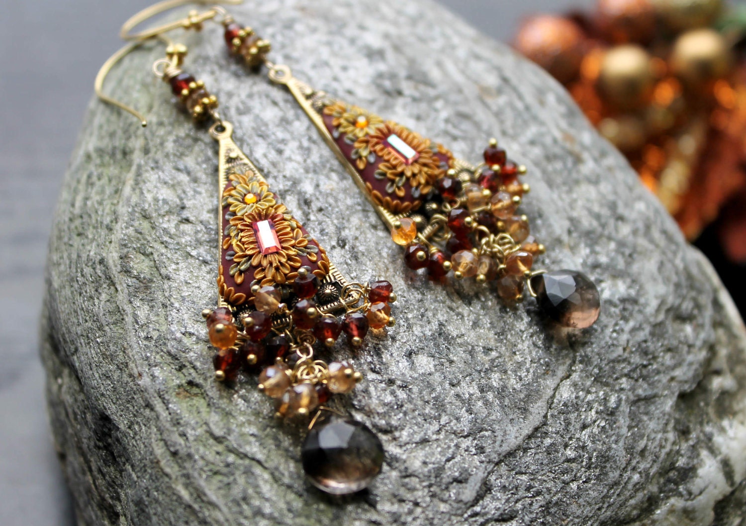 Smokey Quartz, garnet, champagne quartz, andalusite and clay floral gold earrings - The Sun Setting Golden