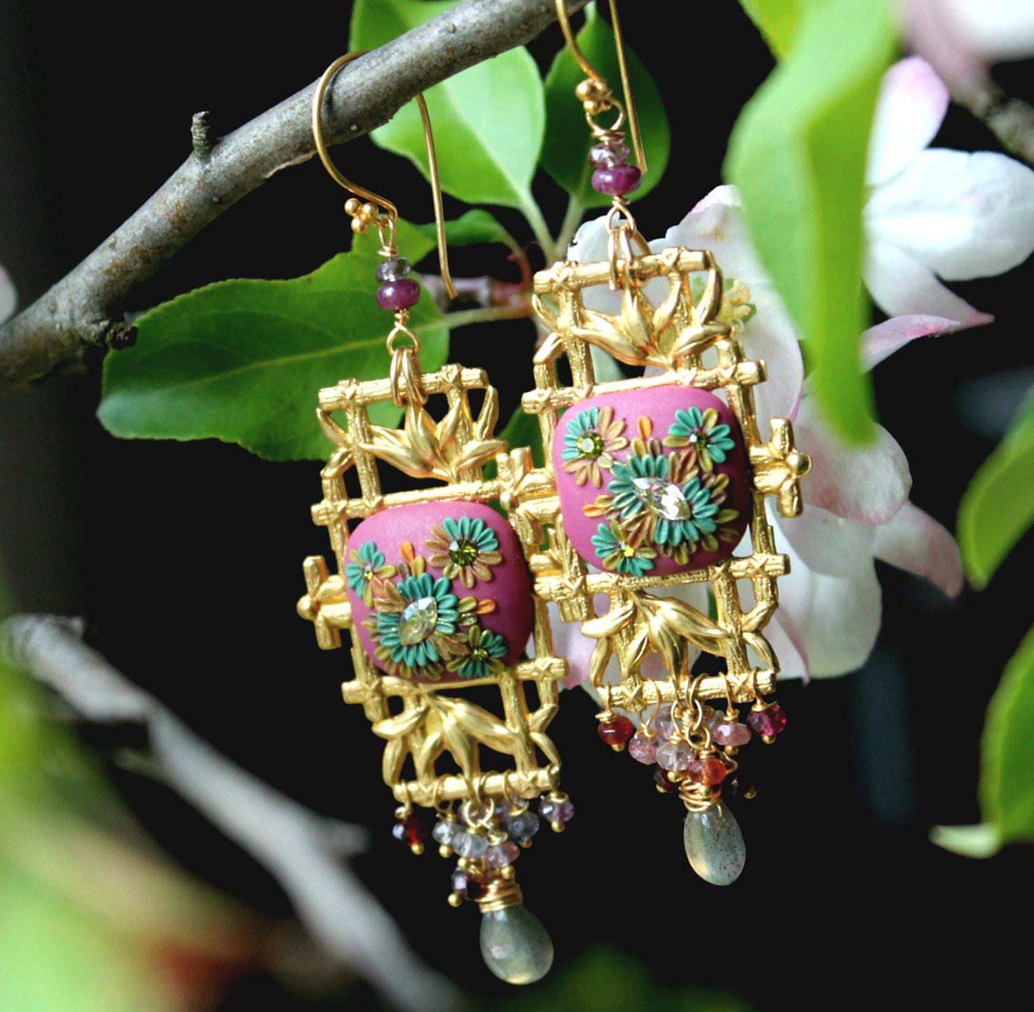 Multi Tundra Sapphire, Ruby and labradorite gemstone earrings on lovely brass finding - Clay floral earring - Chanson du printemps