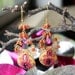 Carnelian,mystic hot pink quartz and amethyst earrings - clay floral and crystal - Bali 24k butterfly earrings - Spring Serenades