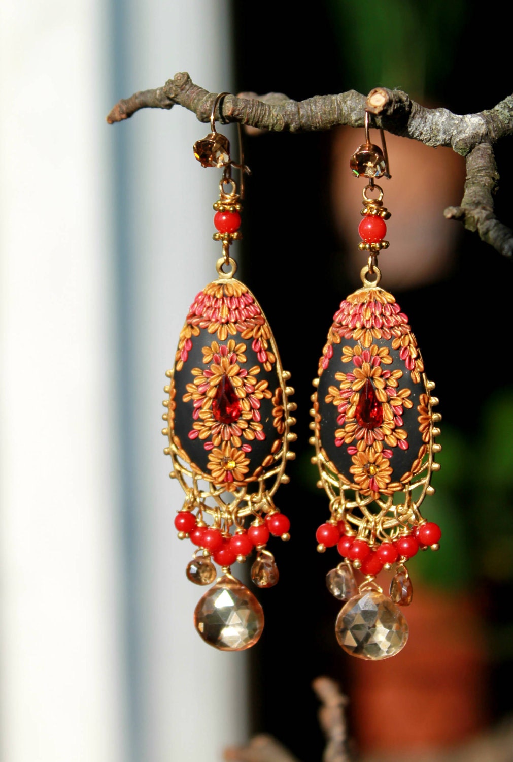 Tundra Sapphire, Coral and champagne quartz earrings on lovely brass finding - vintage swarowski Clay floral earring - El baile flamenco